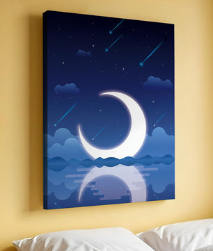 Serene night sky with crescent moon reflecting on water