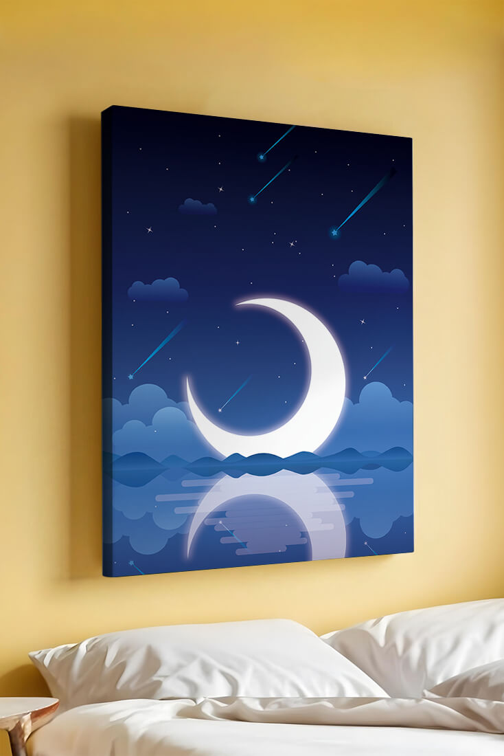 Serene night sky with crescent moon reflecting on water