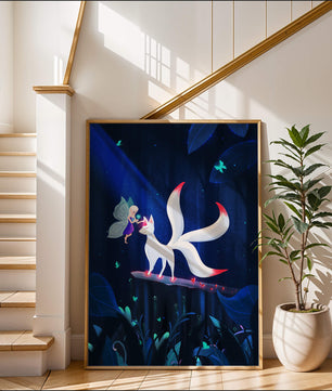 Enchanted forest with fairy and mystical creature under moonlit sky