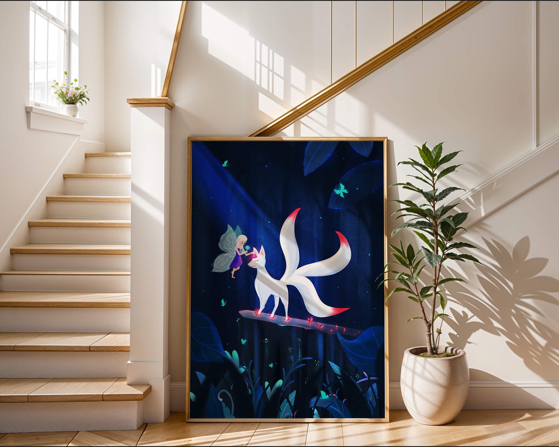Enchanted forest with fairy and mystical creature under moonlit sky