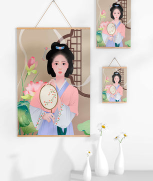 Elegant traditional Asian woman in pastel attire with floral background