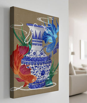 Jarrón de cerámica elegante con diseño de peces vibrantes y flores