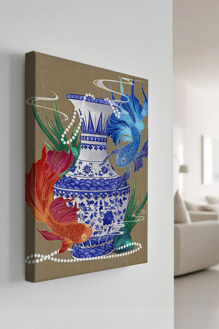 Elegant ceramic vase with vibrant fish and floral design
