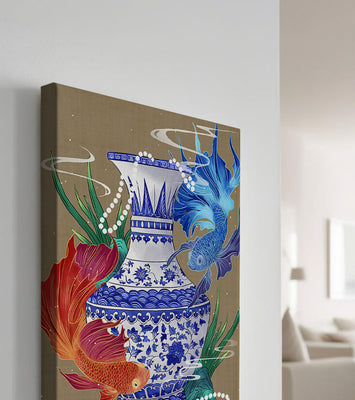 Elegant ceramic vase with vibrant fish and floral design