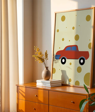 Ilustración abstracta de un coche rojo con círculos dorados sobre un fondo beige