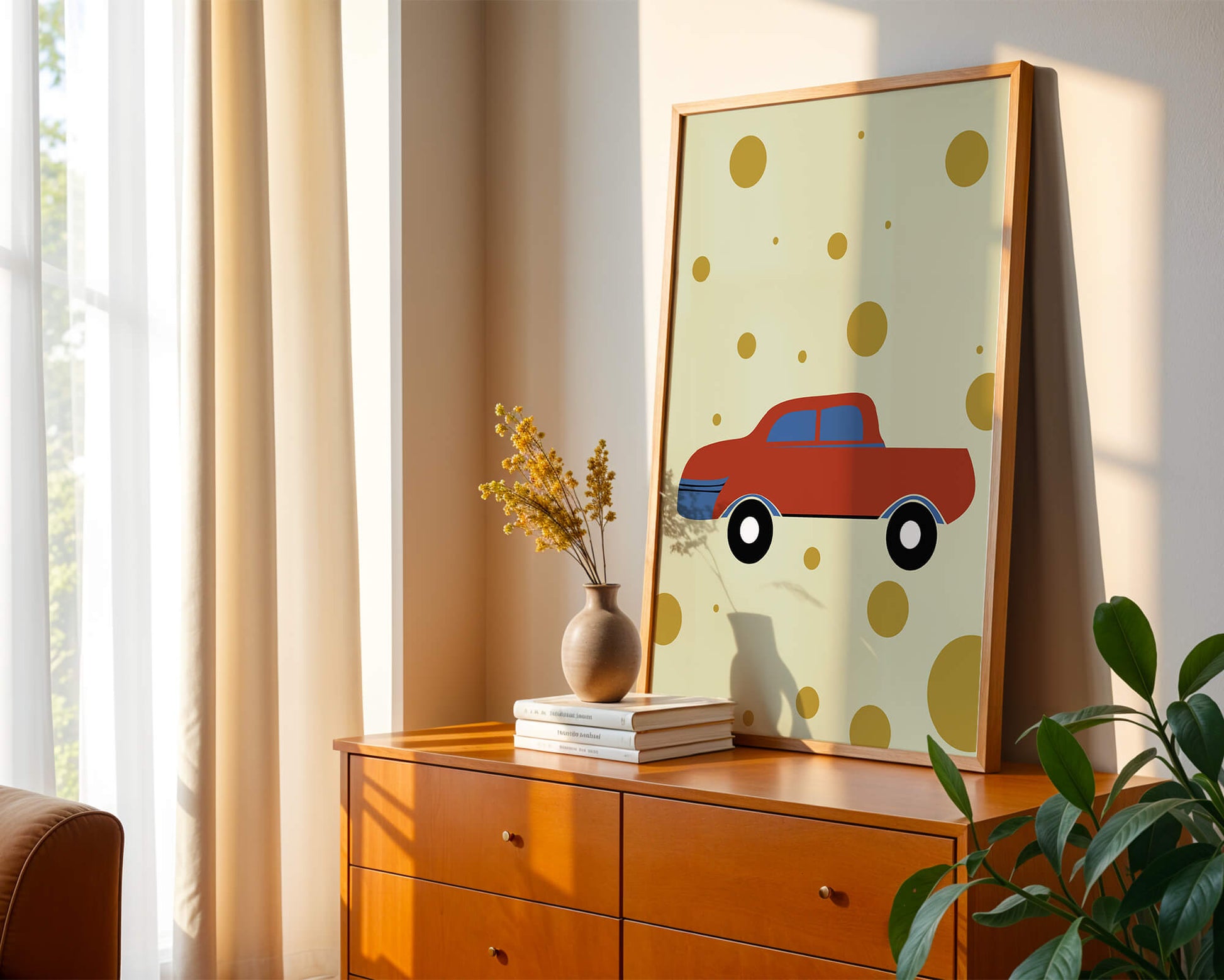 Abstract illustration of a red car with golden circles on a beige background