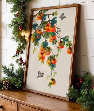 Branch with vibrant persimmons and birds illustration