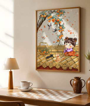 Charming illustration of a child with cats on a rooftop beneath a fruit tree