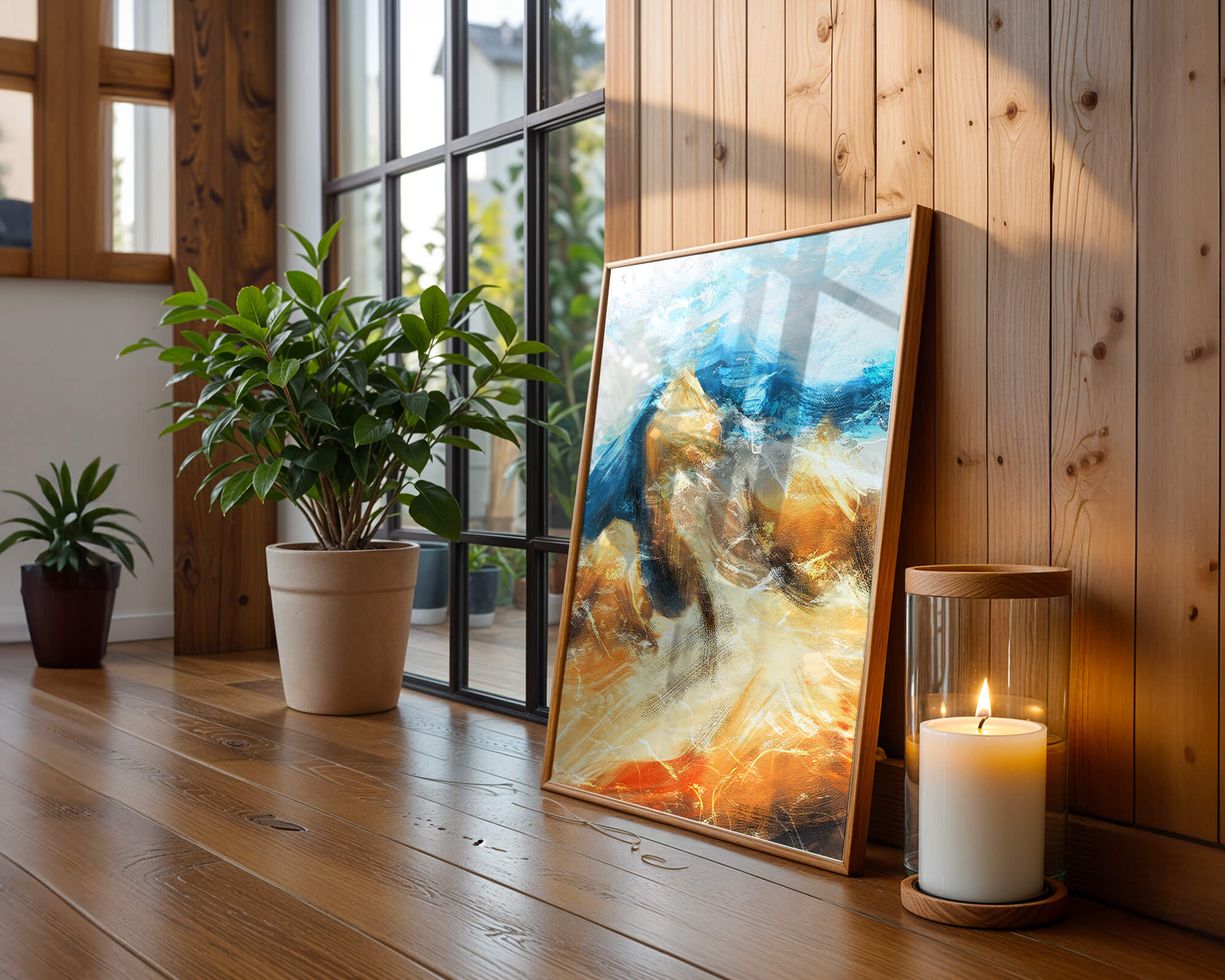 Abstract landscape with blue and golden hues