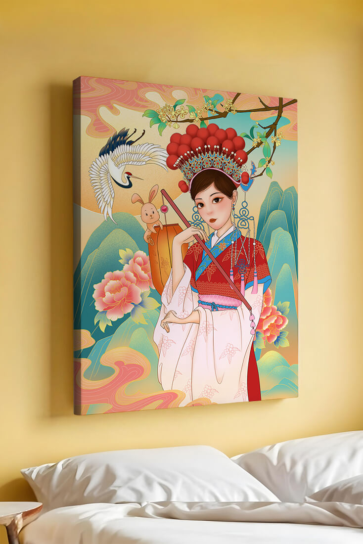 Elegant traditional Chinese illustration featuring a woman in vibrant attire with floral and animal motifs