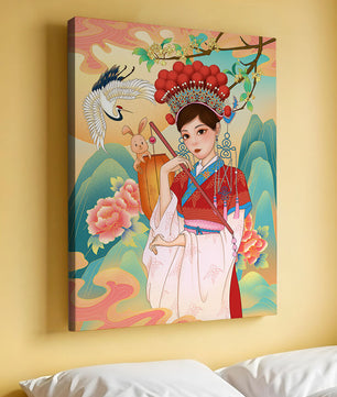 Elegante traditionelle chinesische Illustration mit einer Frau in lebendiger Kleidung mit Blumen- und Tiermotiven
