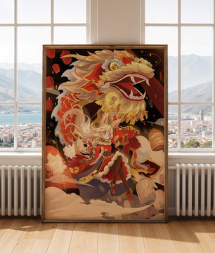 Personnage dynamique avec dragon et lanternes dans une œuvre d'art animée et vibrante