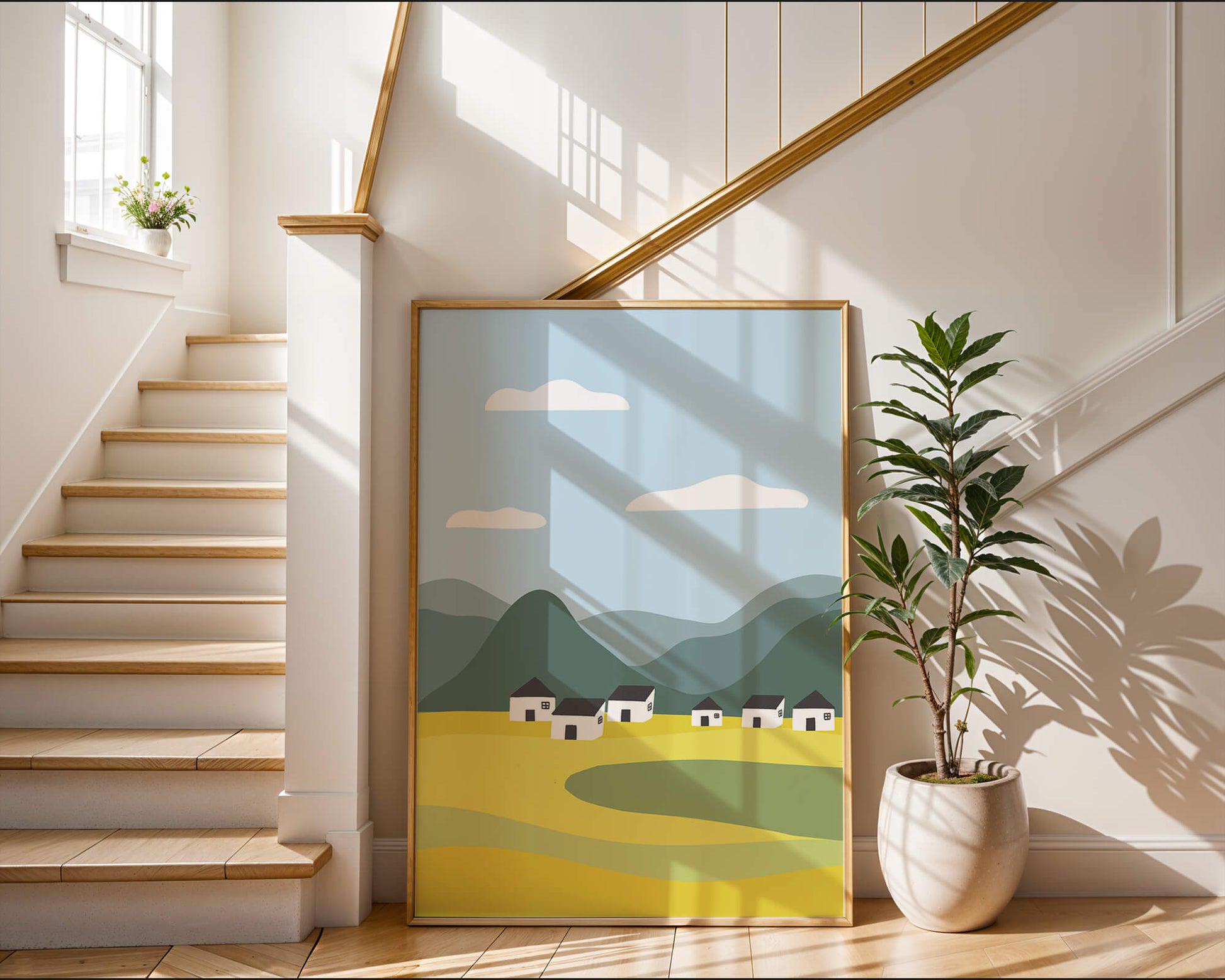 Pastoral Landscape with Mountains and Houses Under Blue Sky