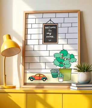 Kreidetafel-Schild mit Topfpflanzen und Spielzeugauto auf Ziegelmauer-Hintergrund