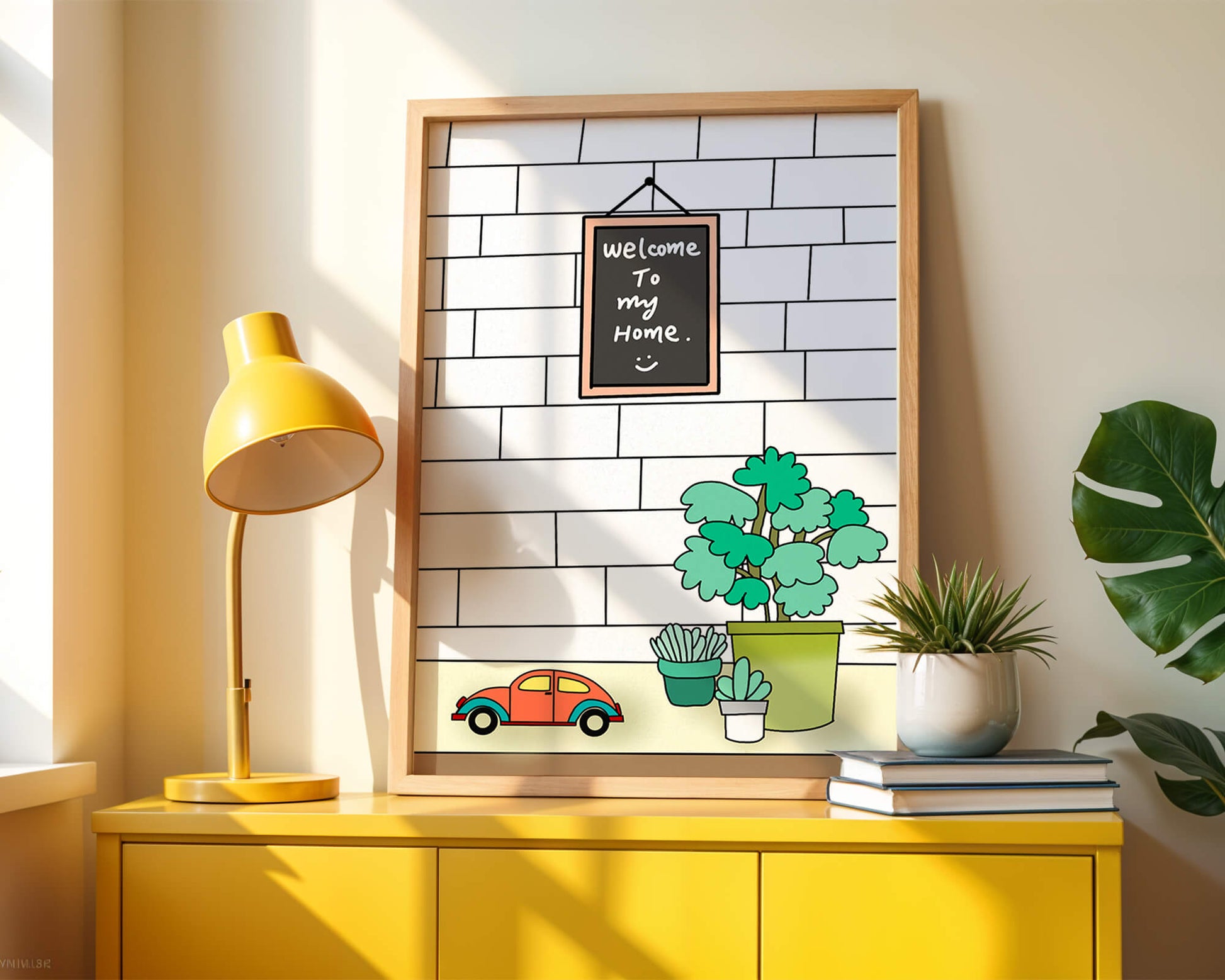 Kreidetafel-Schild mit Topfpflanzen und Spielzeugauto auf Ziegelmauer-Hintergrund