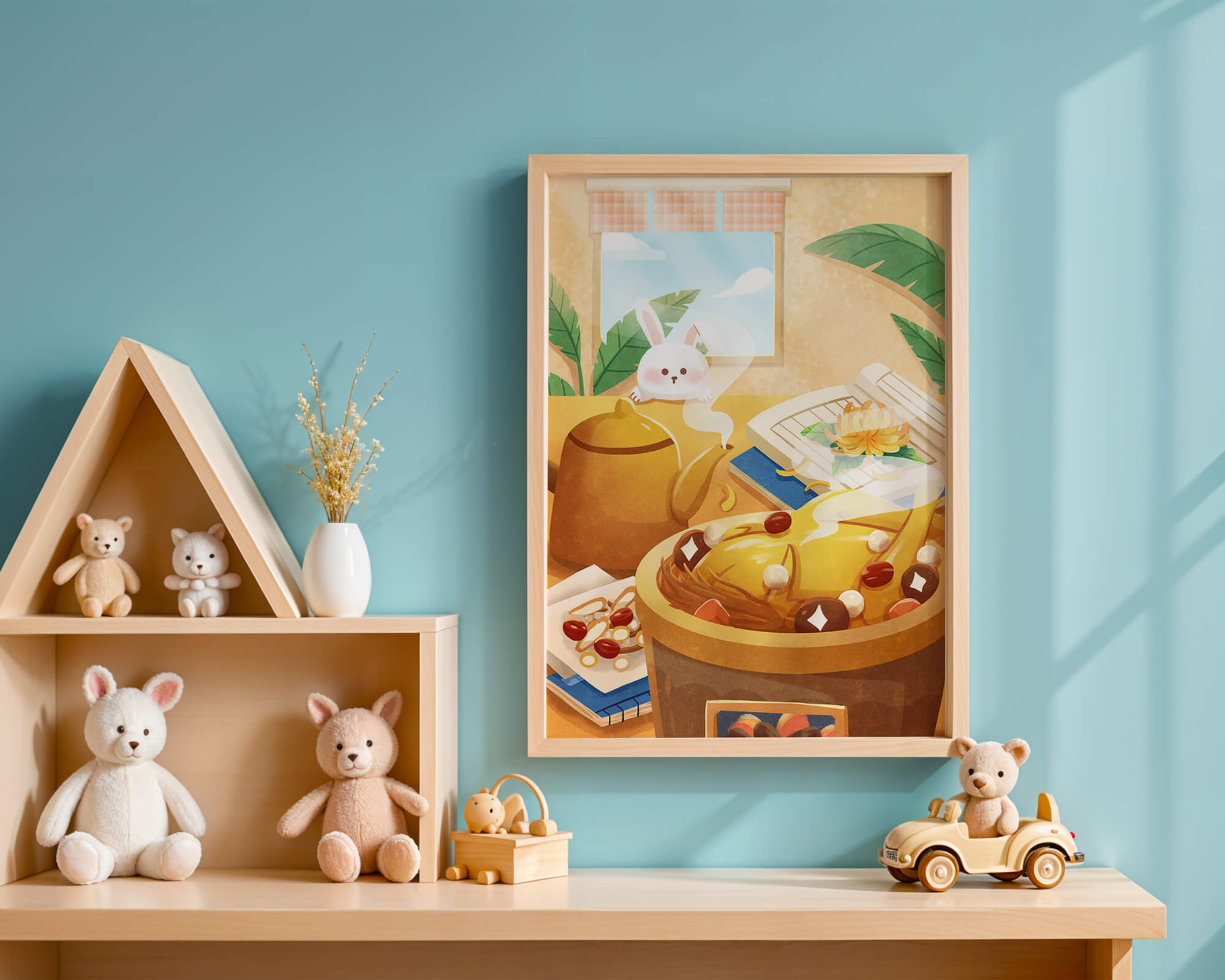 Cozy kitchen scene with cute bunny, teapot, and golden dessert