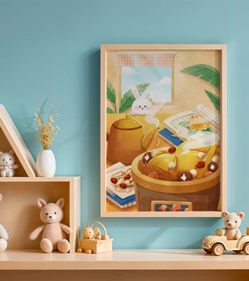 Cozy kitchen scene with cute bunny, teapot, and golden dessert