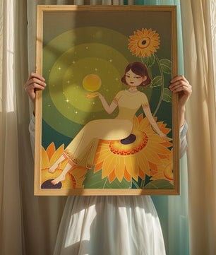 Elegant woman sitting on sunflowers in a celestial scene