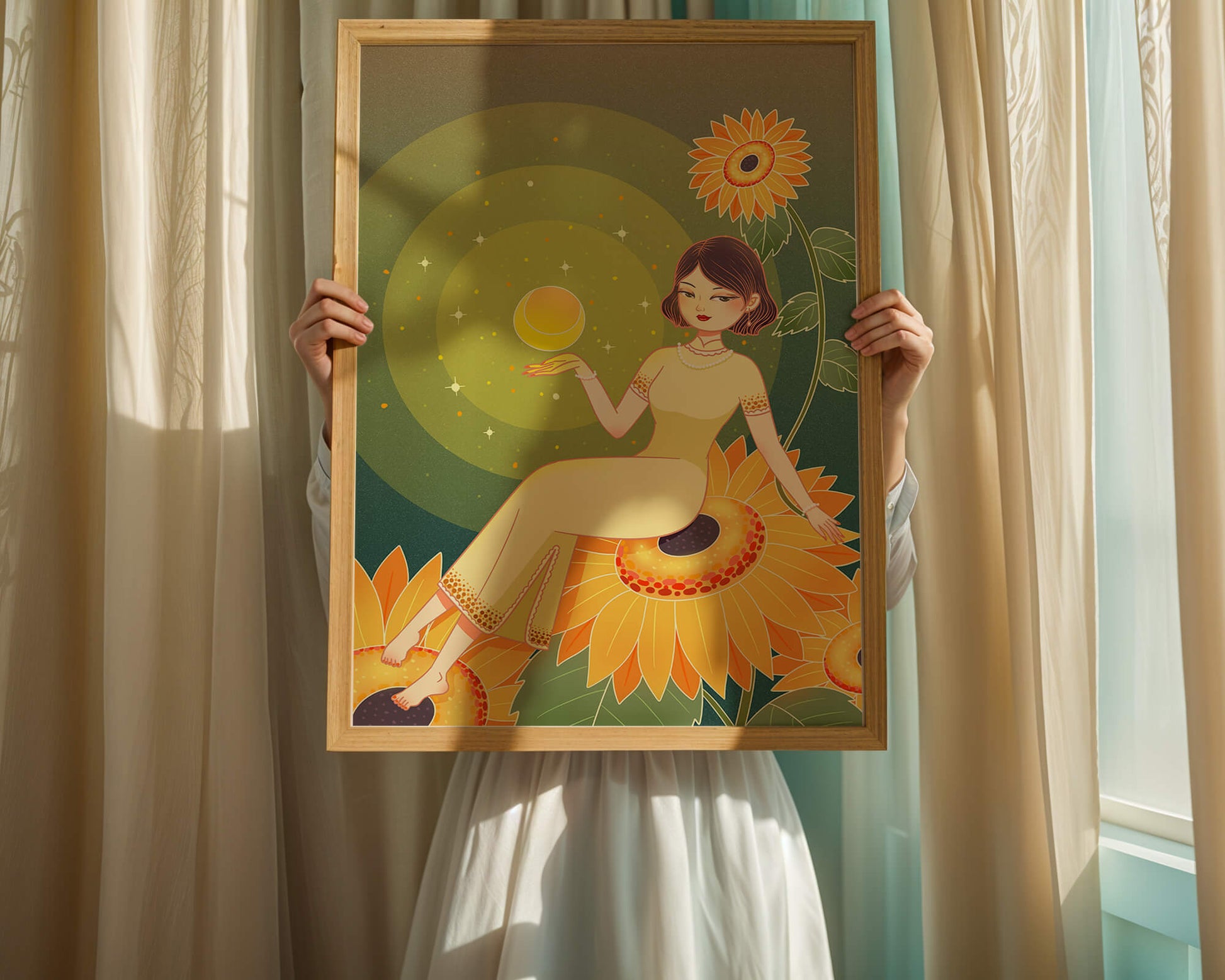 Elegant woman sitting on sunflowers in a celestial scene