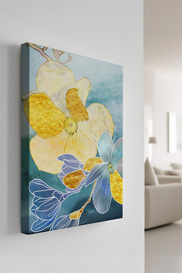 Arte floral abstracto con detalles dorados y tonos azules