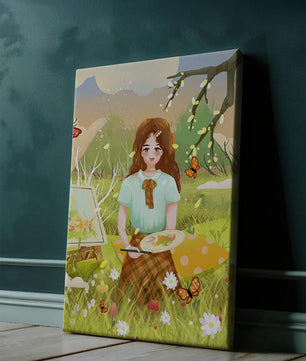 Ilustración de una chica pintando al aire libre rodeada de mariposas y flores