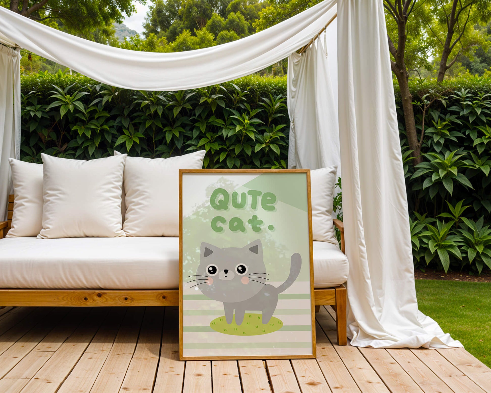 Adorable cartoon cat illustration on pastel background
