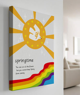 Colorful springtime illustration with dove and rainbow