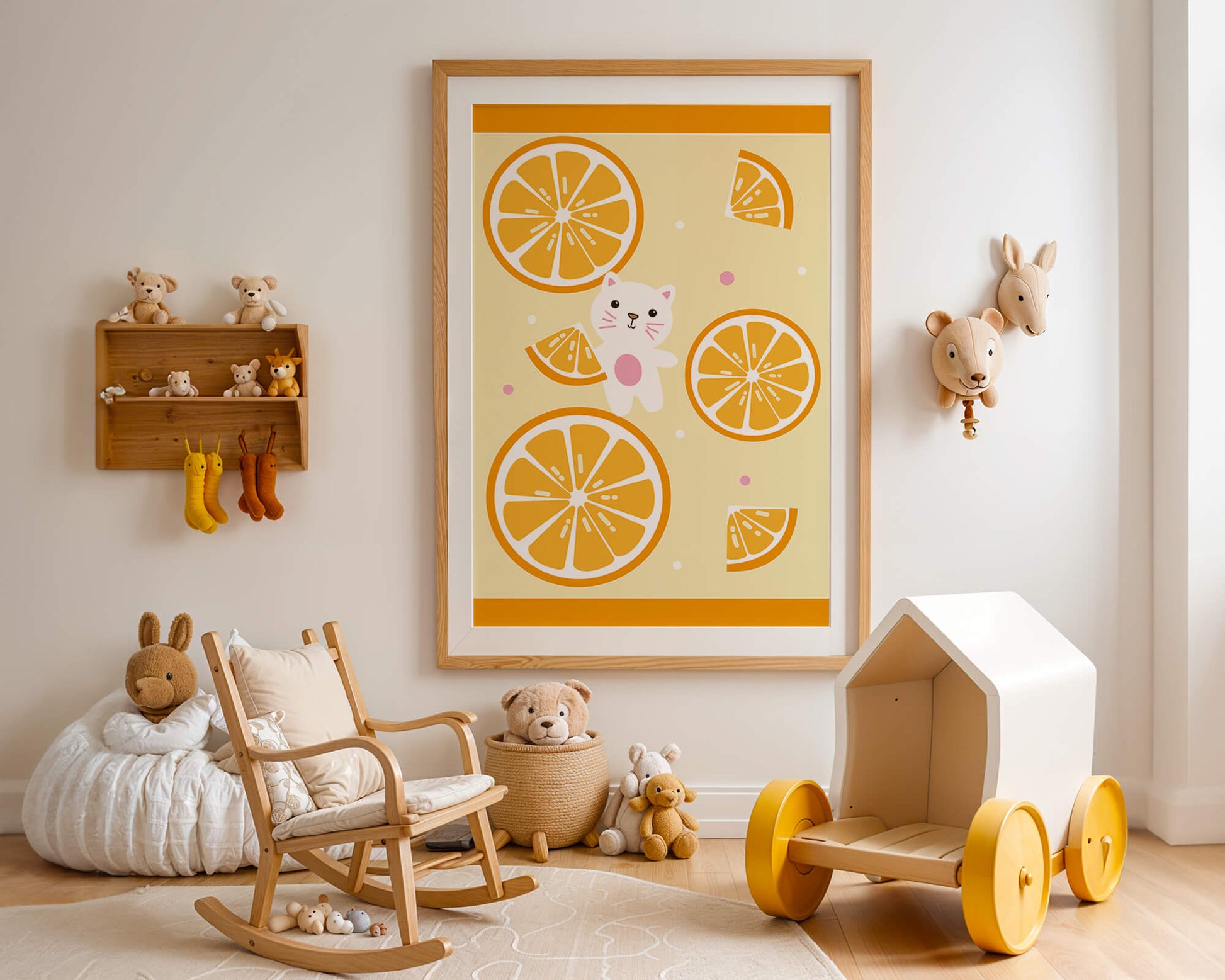 Illustration of a playful cat with orange slices on a colorful background