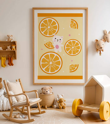 Illustration of a playful cat with orange slices on a colorful background