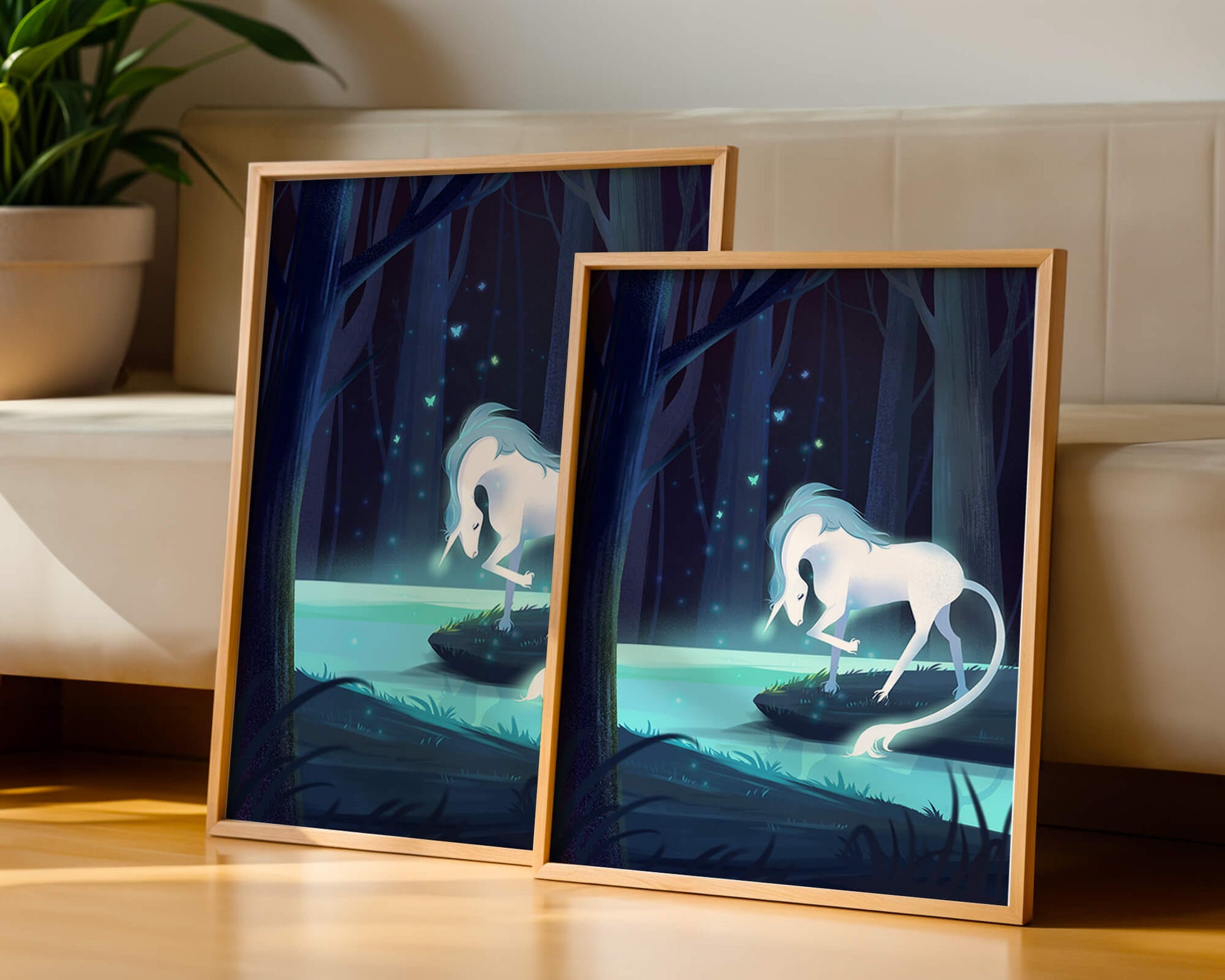 Enchanting night scene with a unicorn by a forest stream