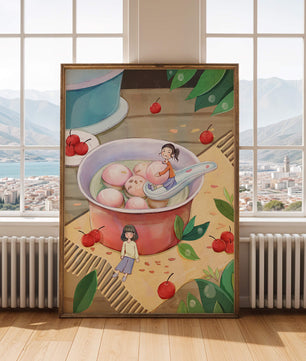 Charming illustration of children with dessert in a whimsical setting