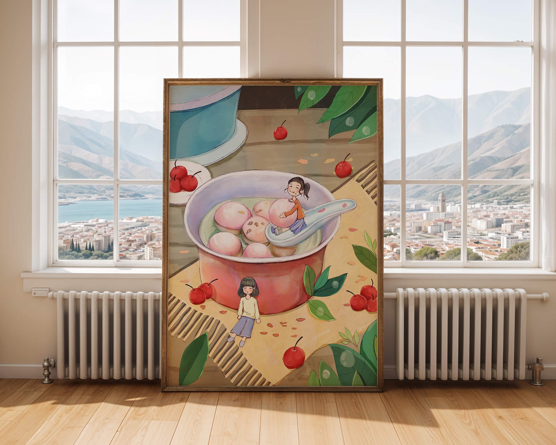 Charming illustration of children with dessert in a whimsical setting
