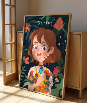 Ilustración primaveral encantadora con flores y mariposa