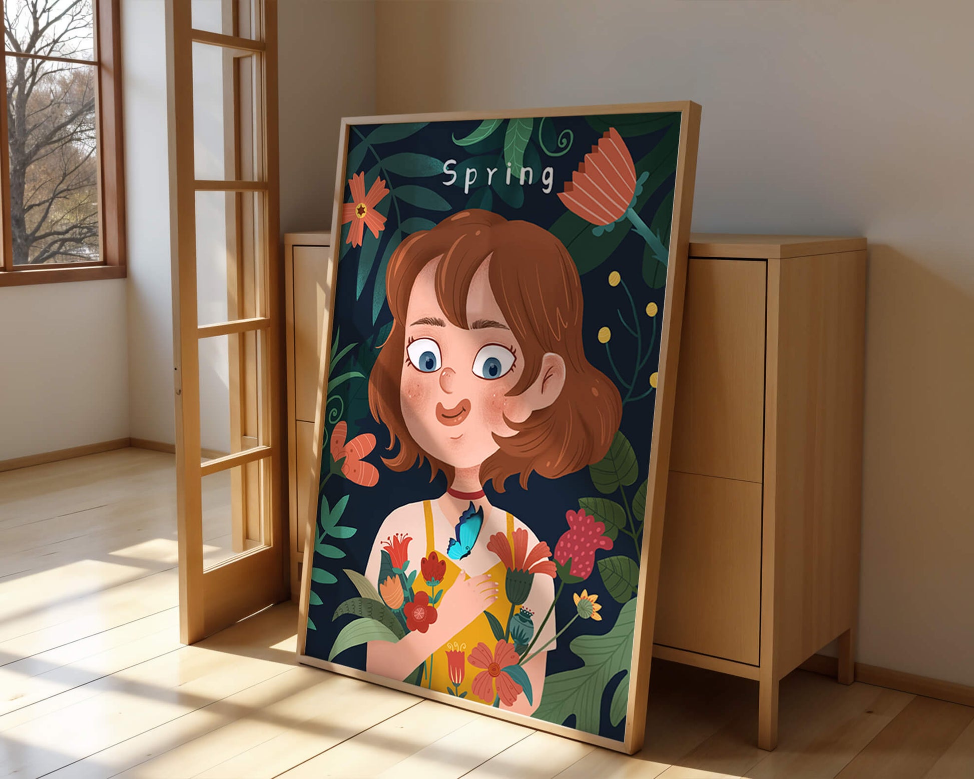 Ilustración primaveral encantadora con flores y mariposa