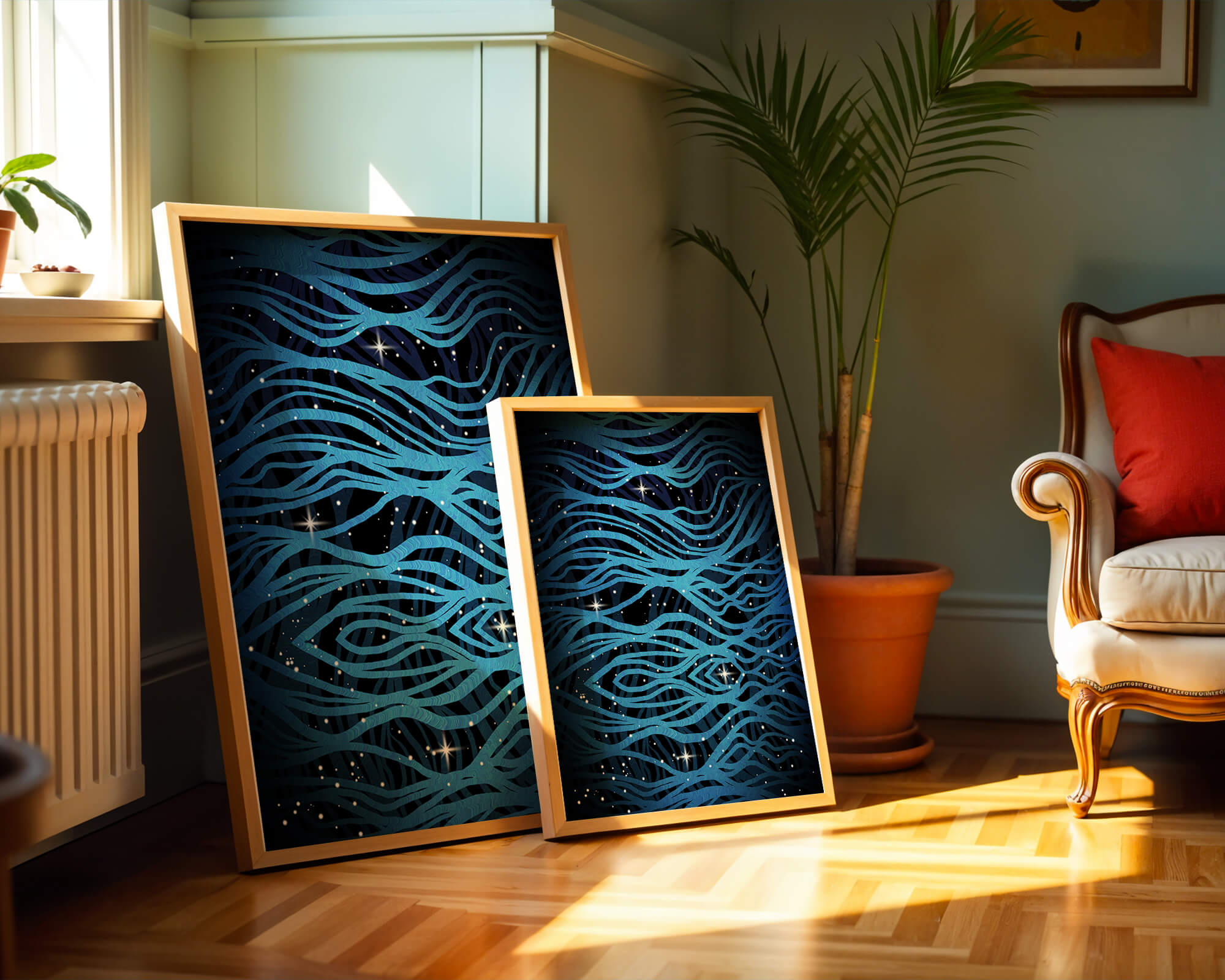 Abstract blue wave lines with starry night background