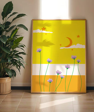 Illustrative landscape with crescent moon, stars, and flowers