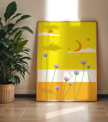 Illustrative landscape with crescent moon, stars, and flowers