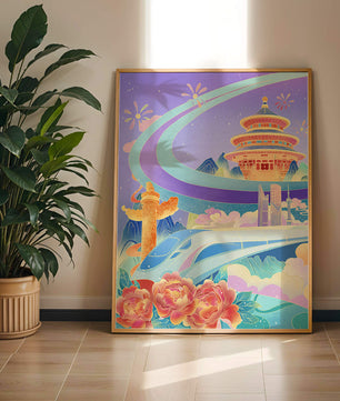 Colorful futuristic landscape with traditional Chinese architecture and high-speed train