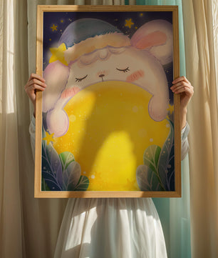 Sleepy rabbit with starry hat holding a glowing ball in a dreamy night scene