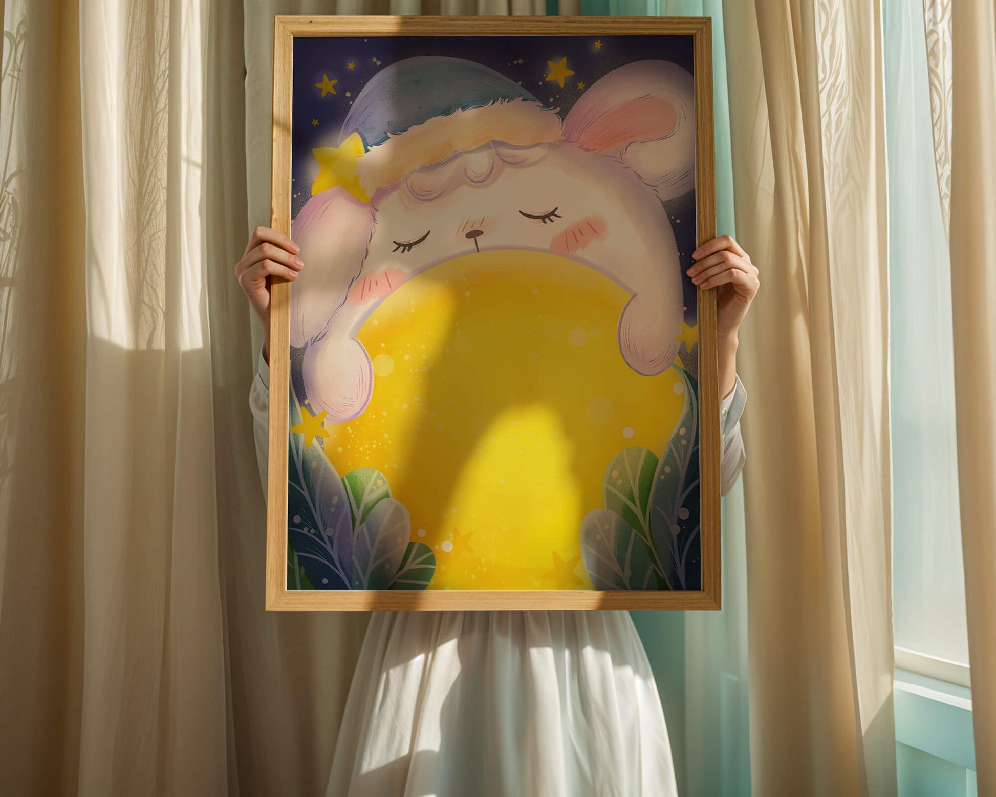 Sleepy rabbit with starry hat holding a glowing ball in a dreamy night scene