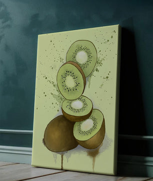 Watercolor illustration of sliced kiwi fruit with splashes