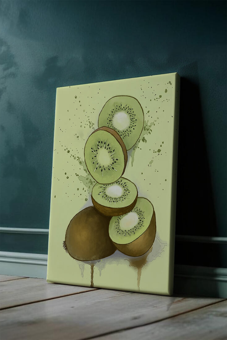 Watercolor illustration of sliced kiwi fruit with splashes