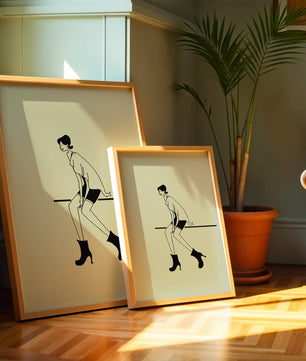 Schicke minimalistische Illustration einer sitzenden Frau in stylischen Stiefeln
