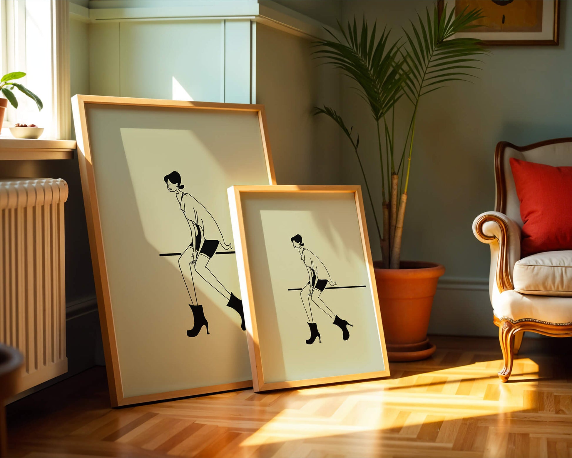 Schicke minimalistische Illustration einer sitzenden Frau in stylischen Stiefeln