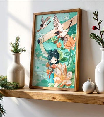 Serene Asian Art Illustration with Cranes and Lotus Flowers