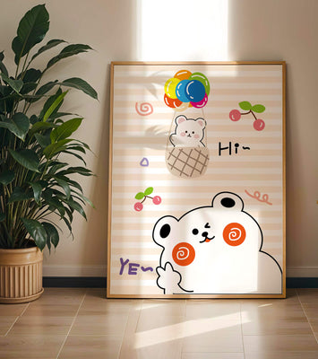 Adorable bears with colorful balloons and cherries on striped background