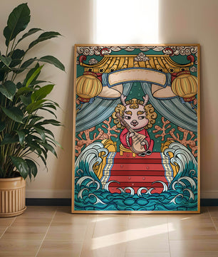 Illustration of a whimsical animal playing a stringed instrument in a fantastical setting