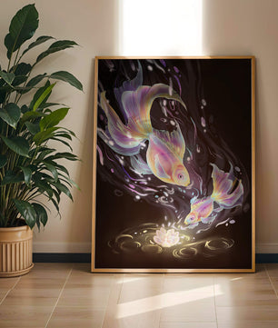 Colorful Koi Fish in a Dreamlike Underwater Scene with Illuminated Elements