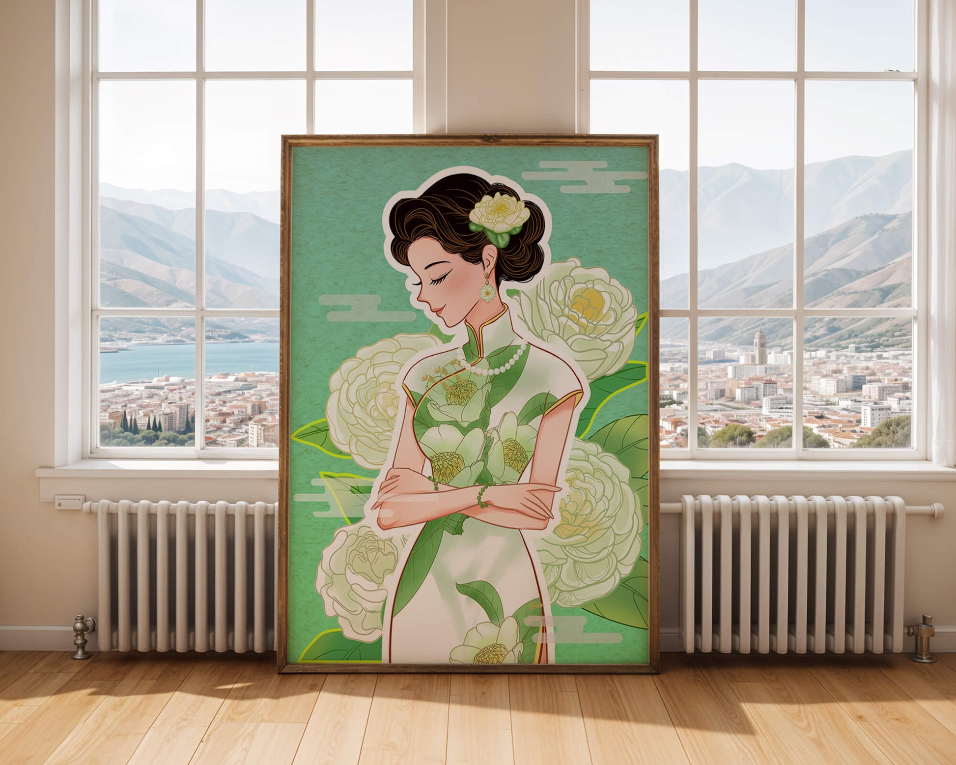 Mujer elegante en vestido tradicional floral con expresión serena