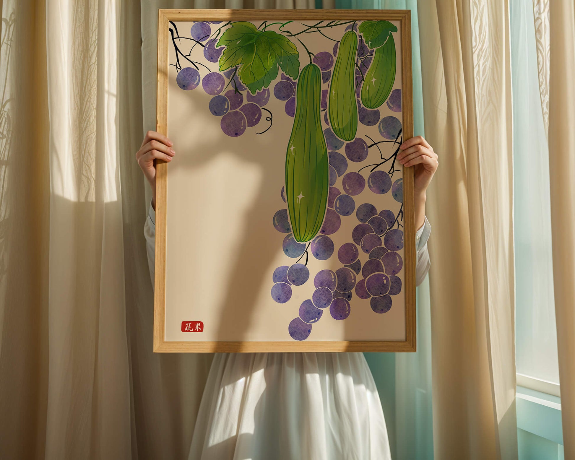 Ilustración de uvas y pepino con colores vibrantes y hojas